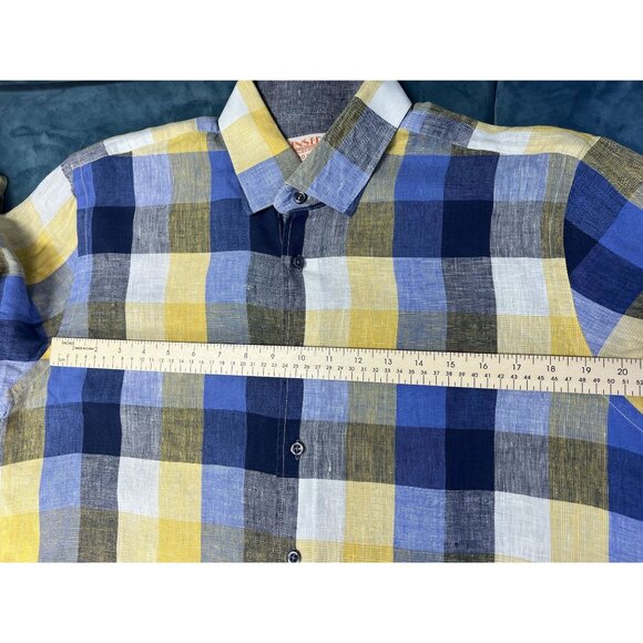 Inserch 100% Linen Plaid Shirt Blue Yellow Long Sleeve Button UP MEN XL - Picture 7 of 8
